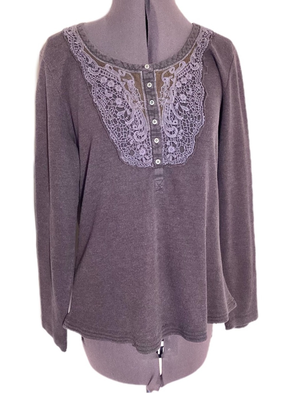Y2K Crochet Lace Waffle Knit Thermal Henley Size L